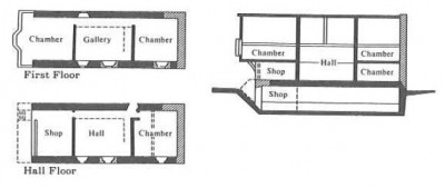 Figure 9 (below). 58 French Street, Southampton has a narrow, deep space, and uses jetties to create the extra space at first floor level, indicating there was pressure on commercial space in the town. The plot did however accommodate a side passage, giving independent access to the residential quarters (Platt 1976, 60-61).
